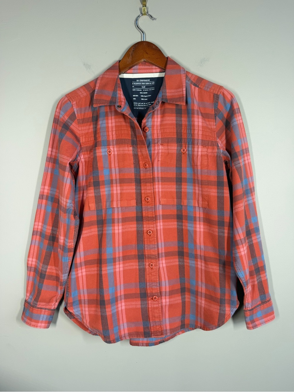 REI Orange Plaid Button-Up Shirt, Size S